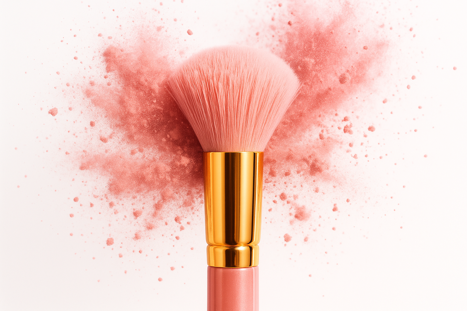 makeup brush golden and pink white  dusty pink power , white background , MAKE THEN POWDER PINK, m,ake the powder pink and use a bright filter